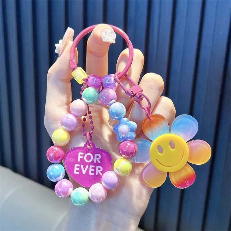 Cartoon Sunflower Keychain Charm Smile Bead Gradient Letter Candy Color Flower Car Keychains Ladies' Bag Pendant Small Gifts