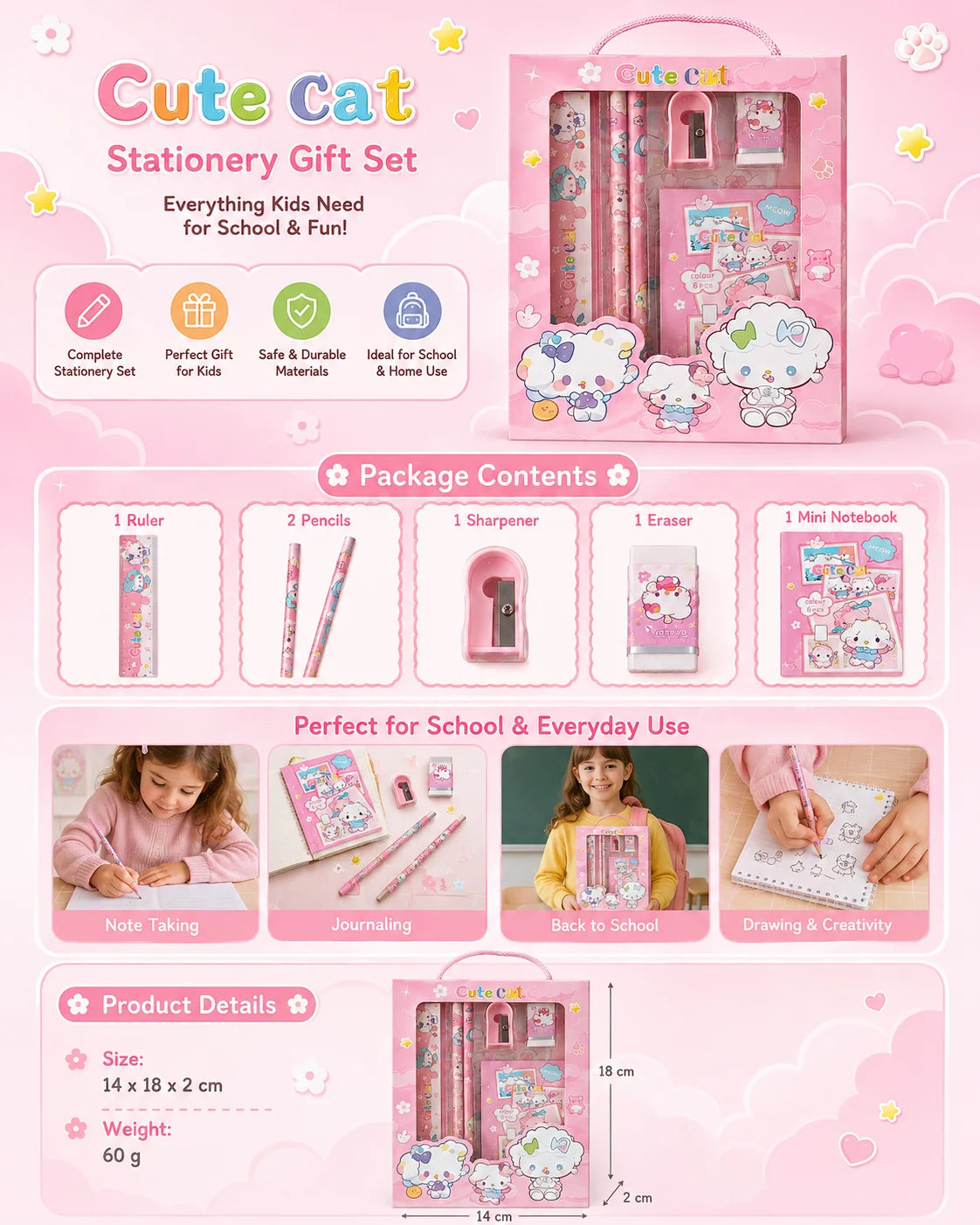 Kids Stationery Set 6 Pieces Portable School Writing Kit Gift Box with Notepad Pencil Eraser Ruler Sharpener