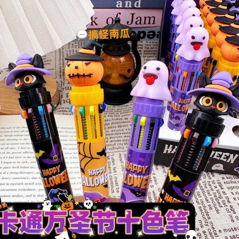 10 Color Halloween Retractable Gel Pen Cartoon Pumpkin Ghost Owl Quick Dry Ink ABS Pen for Student Notes Creative Drawing Gifts